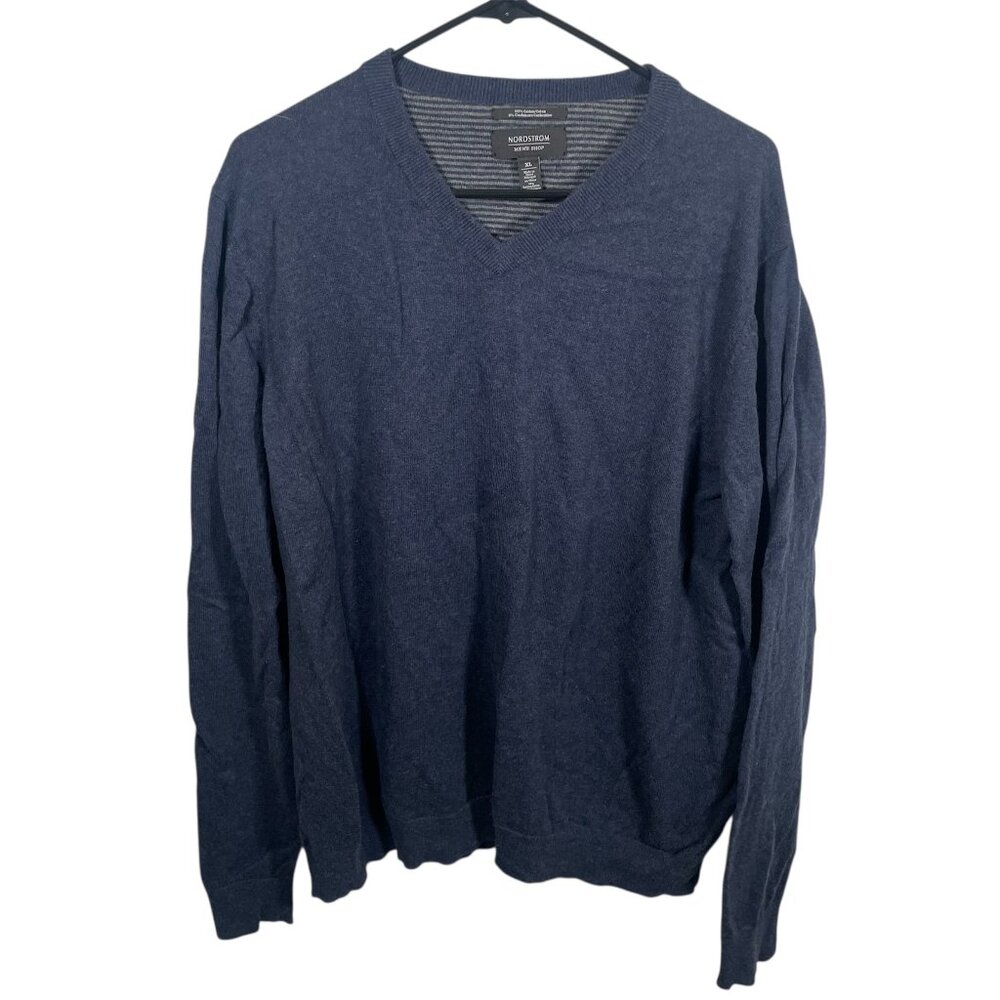 Nordstrom Men's V-Neck Sweater XL Cotton Cashmere Blend Pullover Blue FLAW